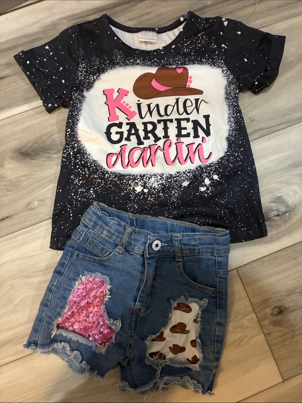 8️⃣ Girls Black 'Kindergarten Darlin' Short Sleeve Graphic Tee & Shorts